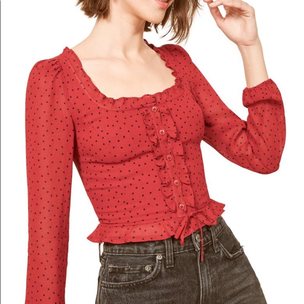 Reformation Italia Blouse Red and Black Polka Dots